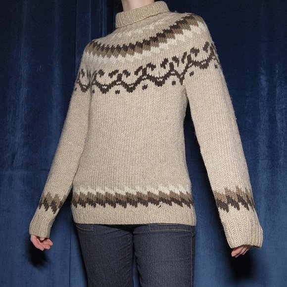 Vintage 90s neutral brown & cream turtleneck isle print chunky knit sweater - Picture 5 of 11